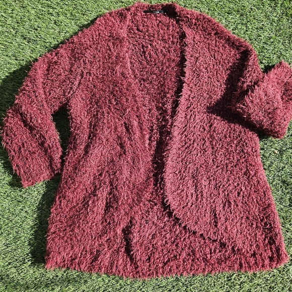Kensie Sweaters - Kensie XL Cardigan Open Front Sweater Burgandy Fuzzy Teddy Bear Hi-Low Extra Lrg
